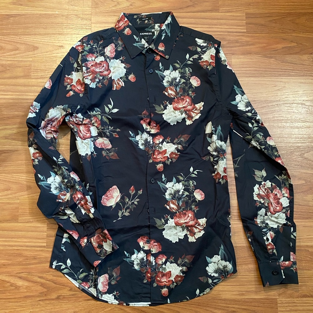 Express Dress Button Down Floral Extra Slim Shirt